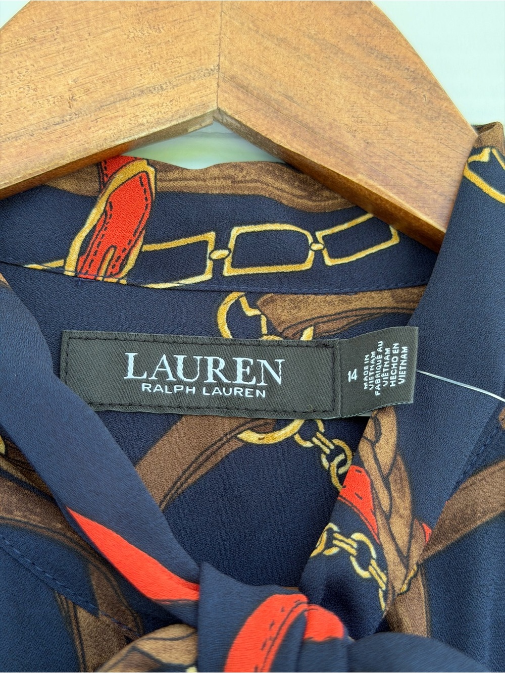 Ralph Lauren Georgette Equestrian Chain Print Tie Neck Midi Dress Navy 14 - Picture 8 of 11